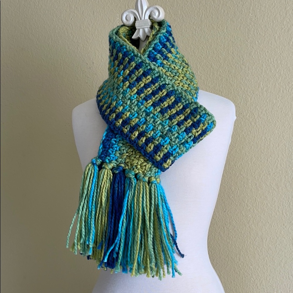 Scarf With Fringes, Greens & Blues. Handmade